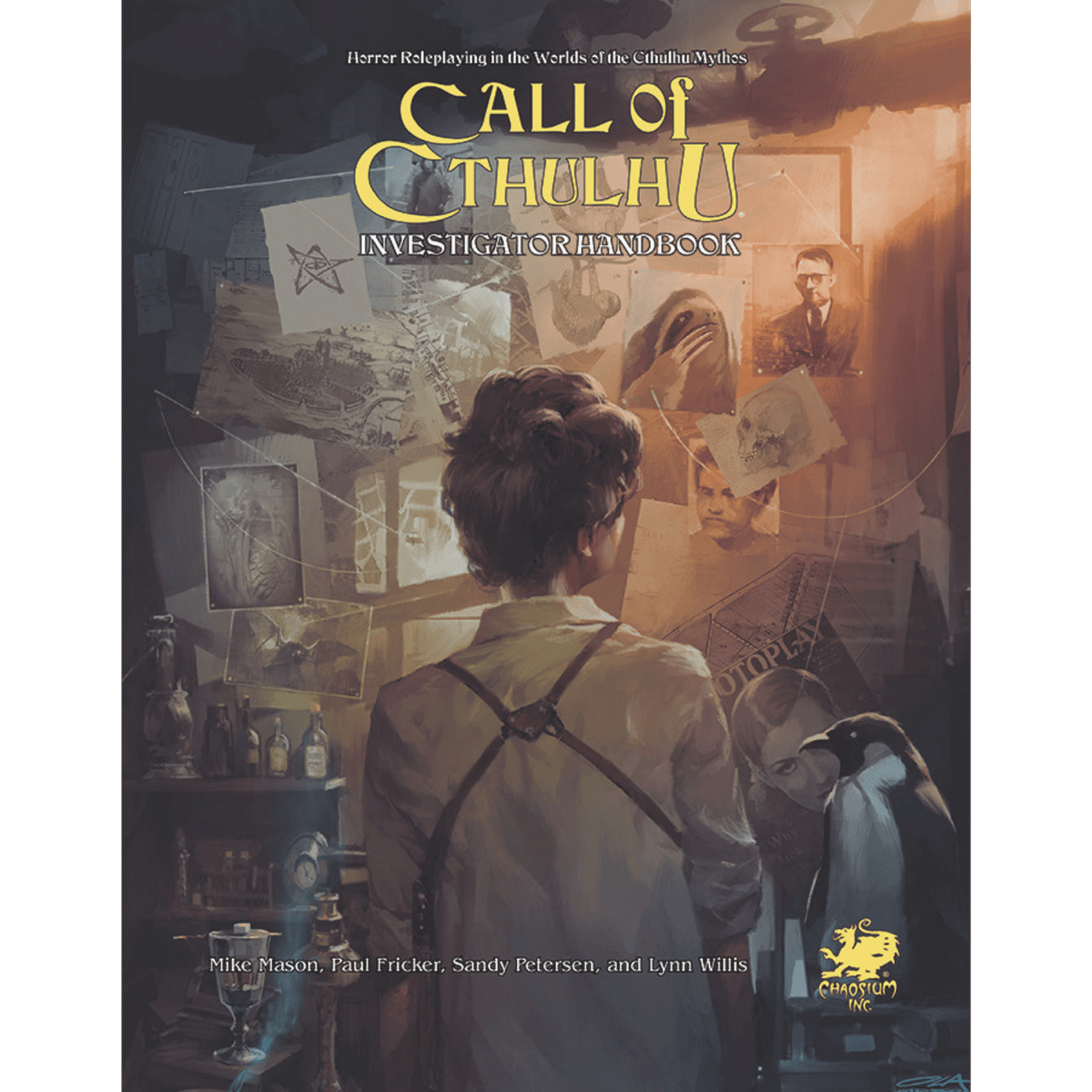 Call of Cthulhu: 50th Anniversary Slipcase Set referenced by a person in a dim room with cryptic notes on the wall.