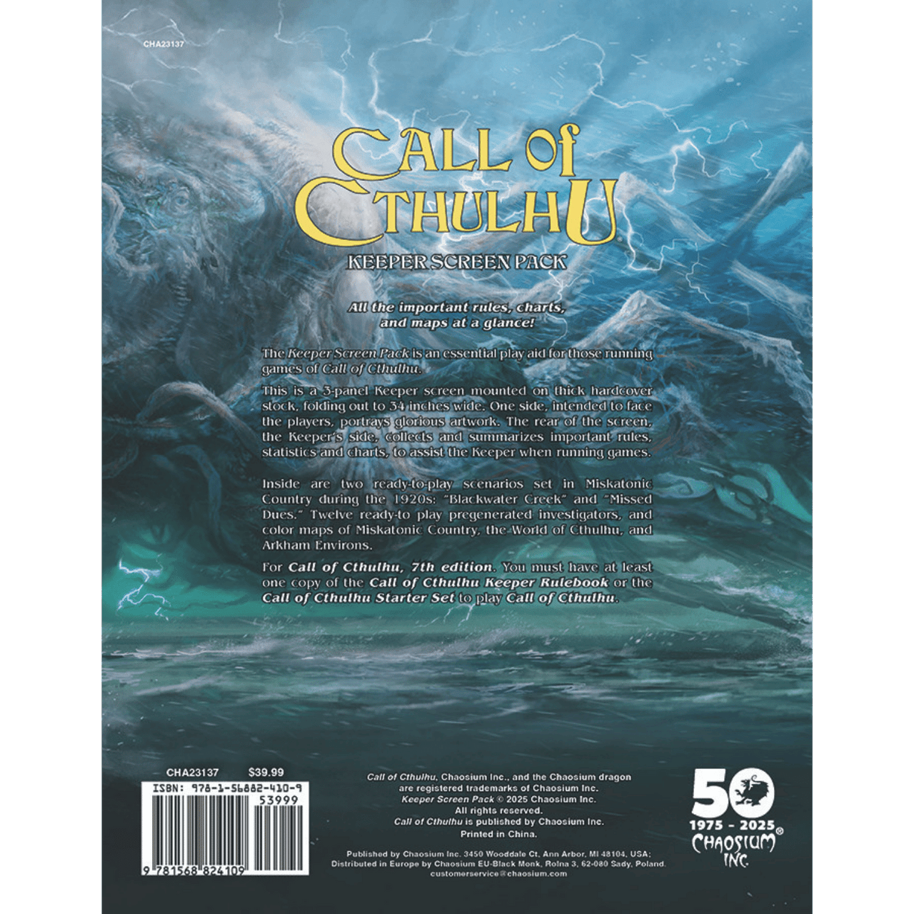 Back of The Call of Cthulhu: Chaosiums 50th Anniversary Slipcase Set with game information.