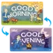 Double-sided playmat featuring Fallout Vault Boy, “Good Morning” sun and “Good Evening” moon with arrows.