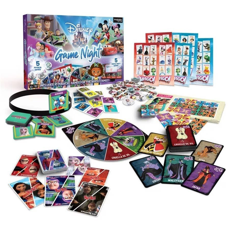 Disney Game Night set with cards, spinners, and bingo sheets featuring Disney and Pixar characters.