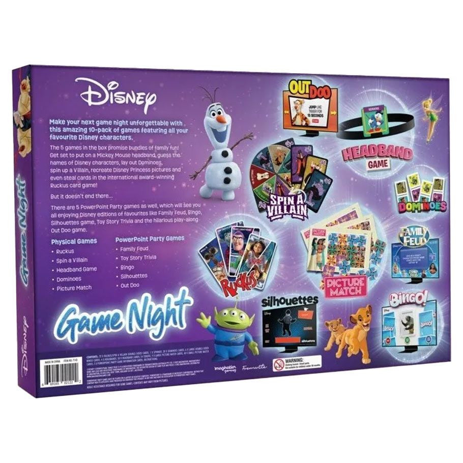 Disney Game Night set with 10 games including Family Feud and Bingo, featuring Olaf and Buzz Lightyear characters.