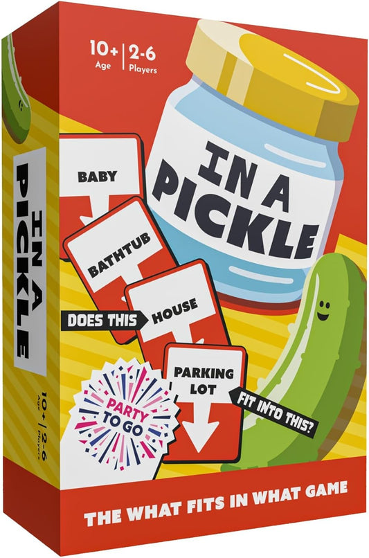 In a Pickle game box with cards, pickle, and jar shown on colorful packaging.