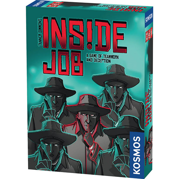 Inside Job board game box with artwork of five figures, one holding a finger to their lips.