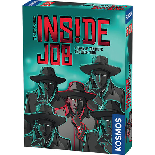 Inside Job board game box with artwork of five figures, one holding a finger to their lips.