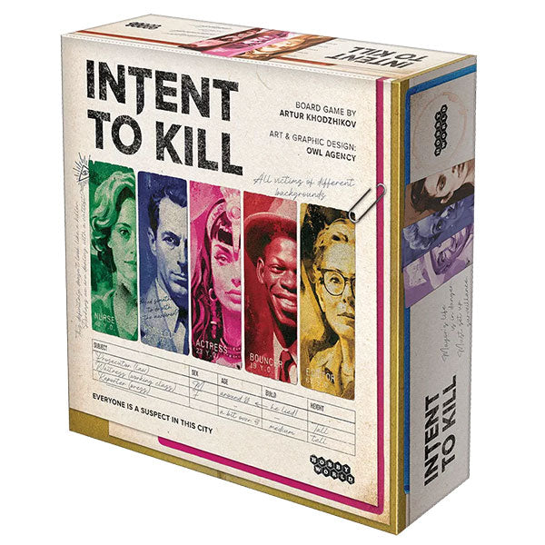 Intent to Kill noir detective game box featuring suspect portraits on the cover.
