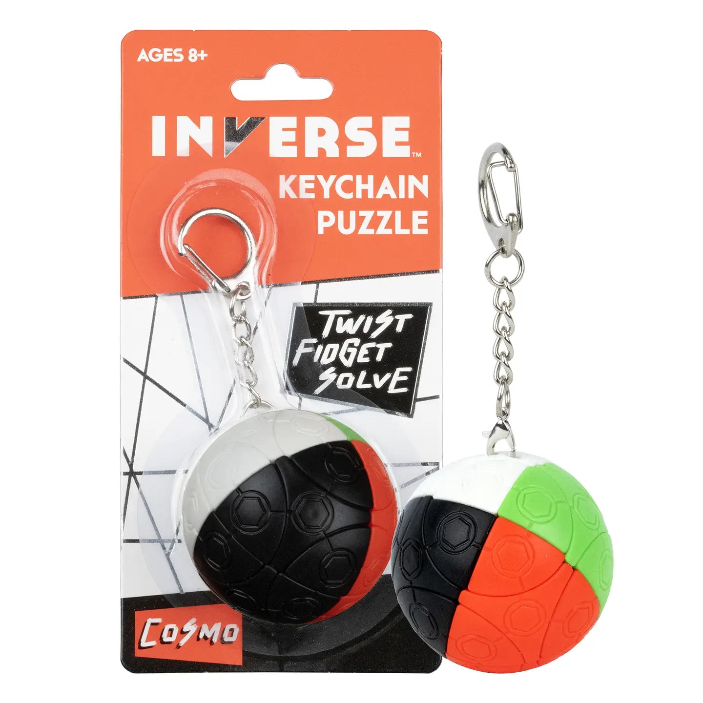 Two Inverse Cosmo Keychain Puzzles with black, white, green, and orange segments in retail packaging.