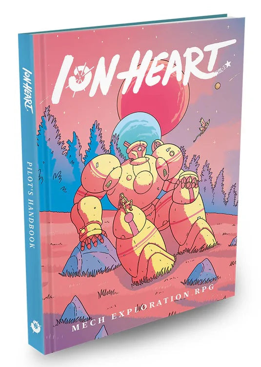ION Heart: Solo RPG Rulebook: Pilots Handbook cover with a large mech under a red moon in a surreal landscape.
