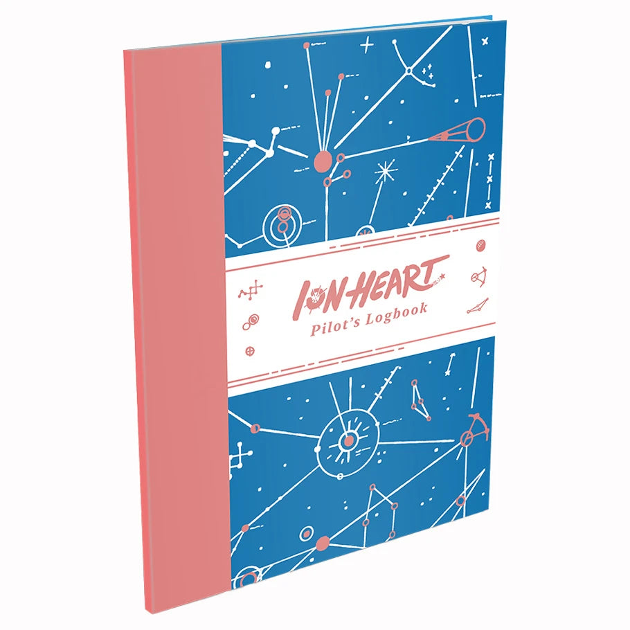 ION Heart: Pilot’s Logbook in blue and pink with star maps on cover.