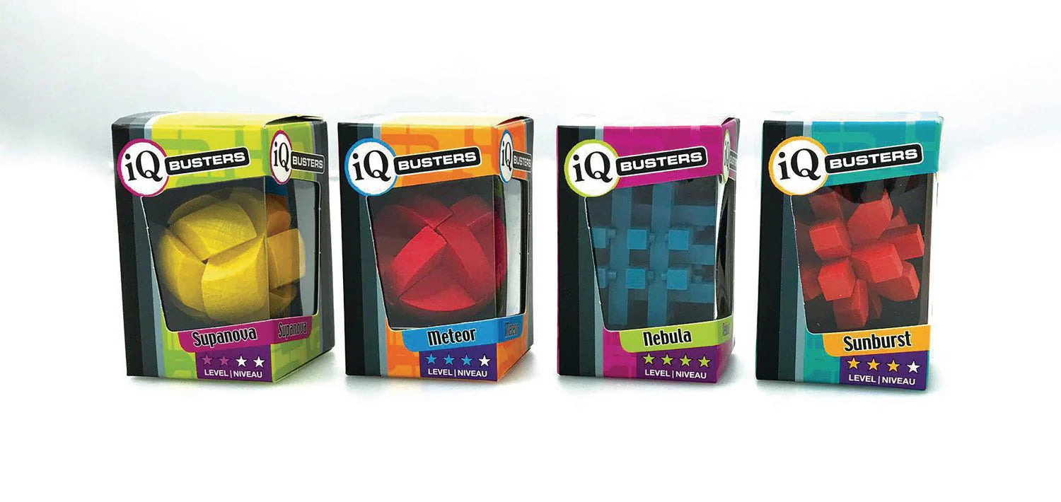 Four IQ Busters: Chroma Puzzles—Supernova, Meteor, Nebula, Sunburst in yellow, red, blue, and orange.