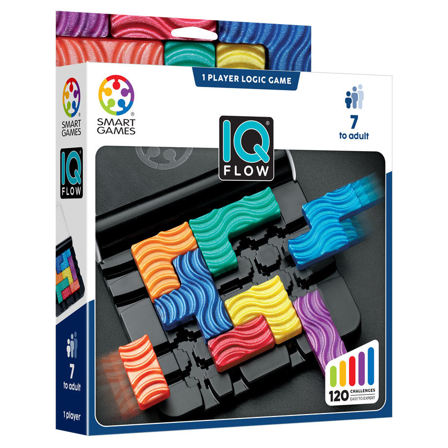IQ Flow puzzle with colorful wavy pieces on a black board.