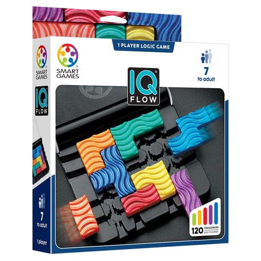 IQ Flow puzzle with colorful wavy pieces on a black board.
