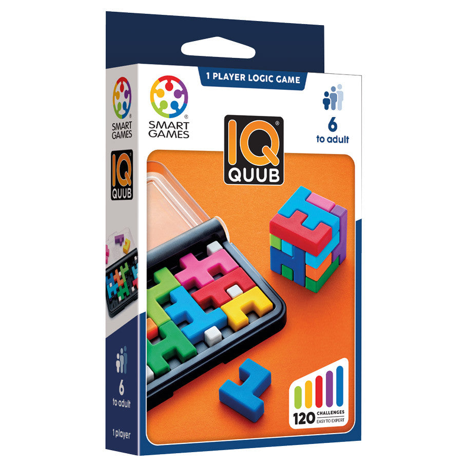 IQ Quub 3D puzzle game with colorful pieces, storage case, and 120 challenges for ages 6 to adult.