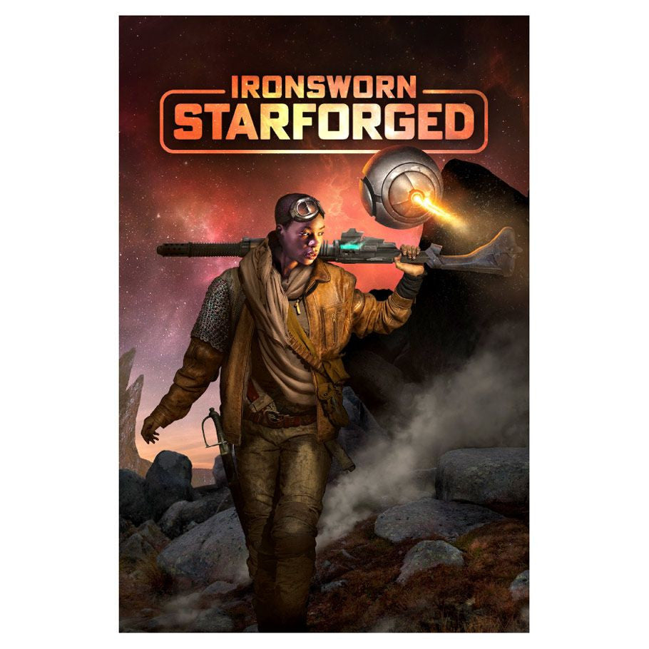 Ironsworn: Starforged Rulebook Deluxe Edition cover with armed explorer and floating bot.