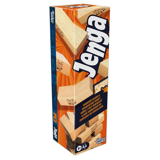 Jenga Original box with logo and wooden block stacking pieces shown on the packaging.