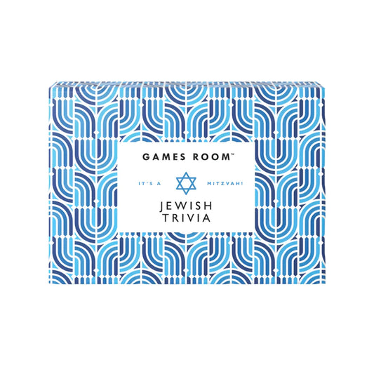 Jewish Trivia family game in a box featuring blue patterns and a central Star of David.