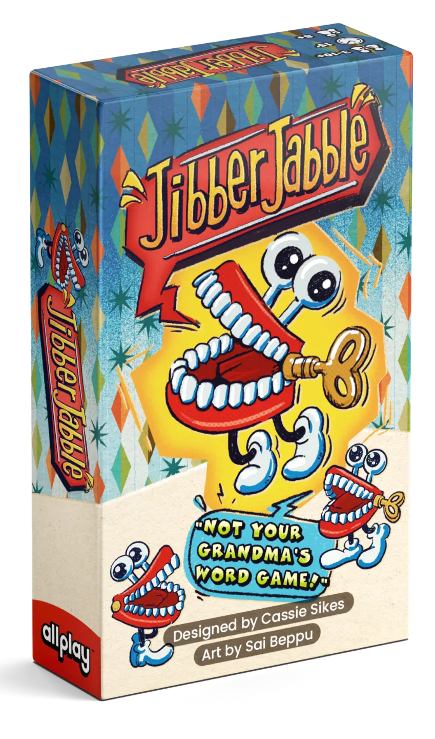Jibber Jabble game box featuring cartoon teeth and retro design elements.