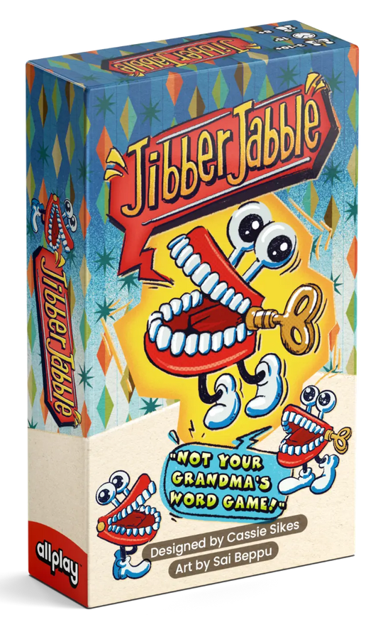 Jibber Jabble game box featuring cartoon teeth and retro design elements.