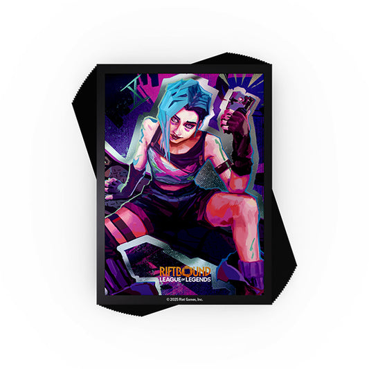 Riftbound: Origins Card Sleeves (100 ct) featuring Jinx from League of Legends, with guns and logo at the bottom.