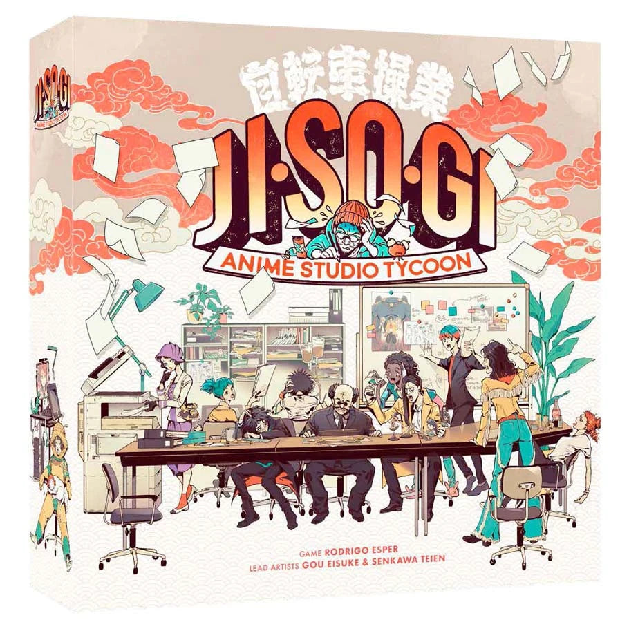 Jisogi: Anime Studio Tycoon board game box featuring anime artists working in a studio, with scattered papers nearby.