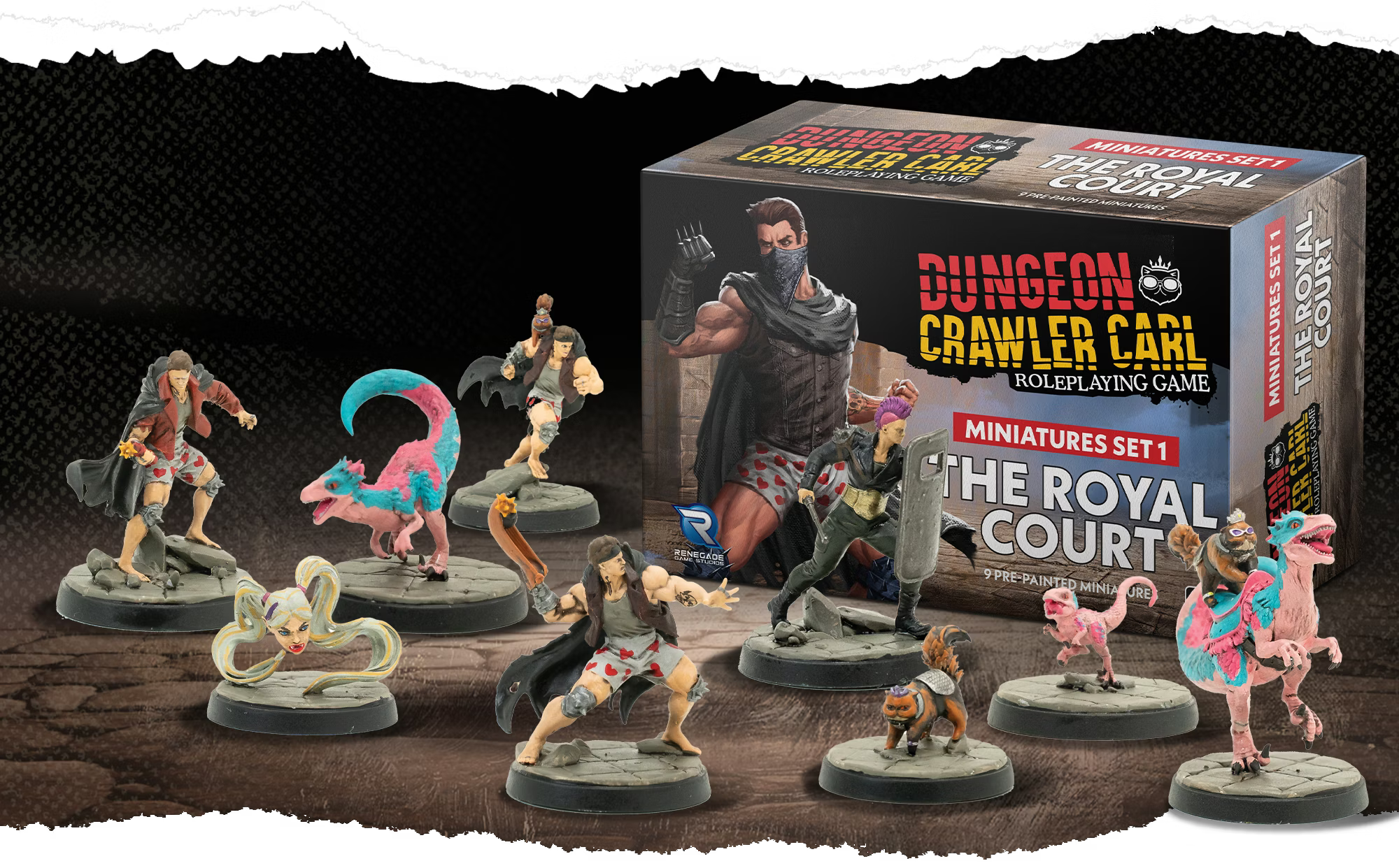 Dungeon Crawler Carl RPG Miniatures Assortment 1: The Royal Court set on a gray surface.