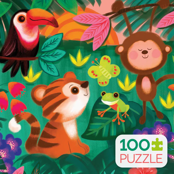 Jungle Friends 100 Piece Puzzle for kids with illustrated toucan, monkey, tiger cub, frog, and butterfly.