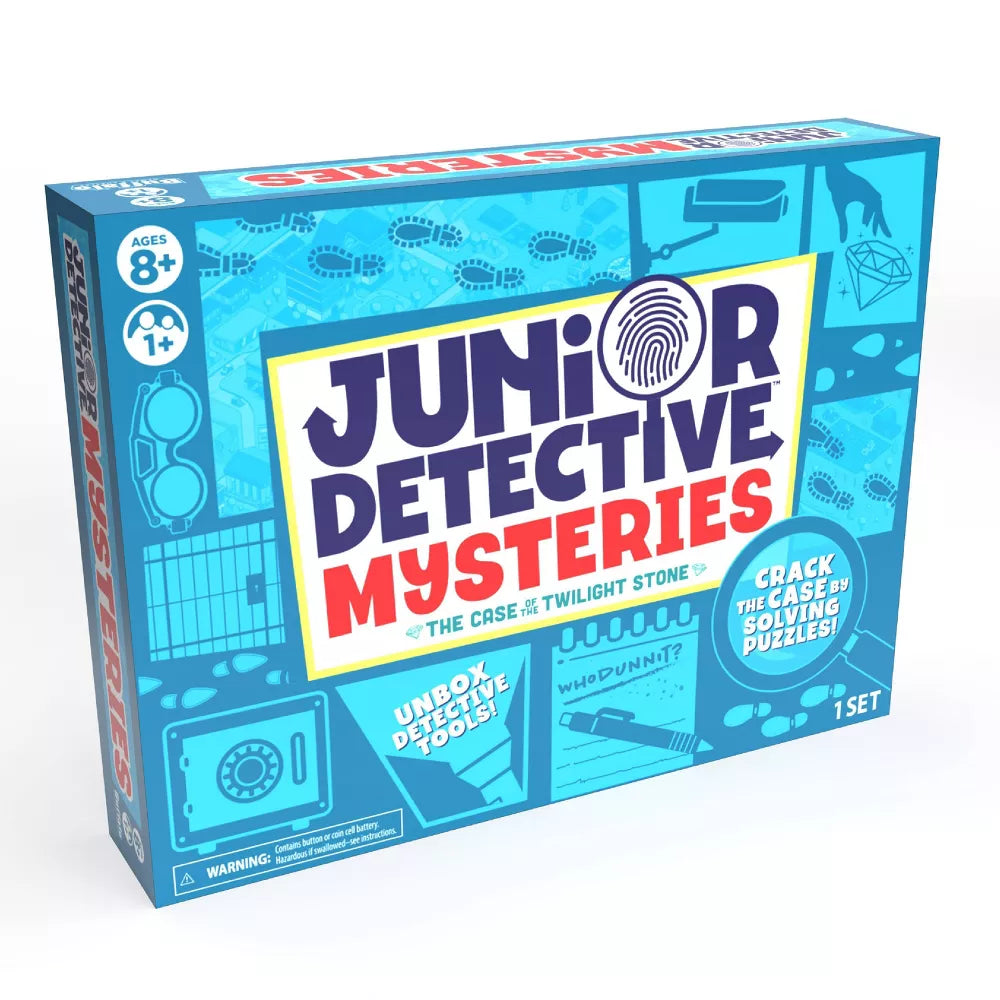 Junior Detective Mysteries board game box for ages 8+, includes tools and puzzle-themed graphics.