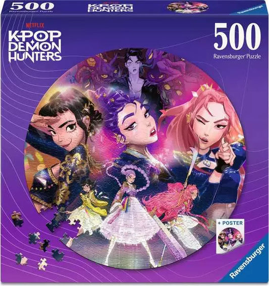 K-Pop Demon Hunters 500-piece round puzzle with animated female characters in colorful outfits.