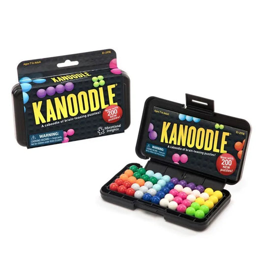 Kanoodle logic game with colorful pieces in a black case; packaging notes 200 puzzles for kids.