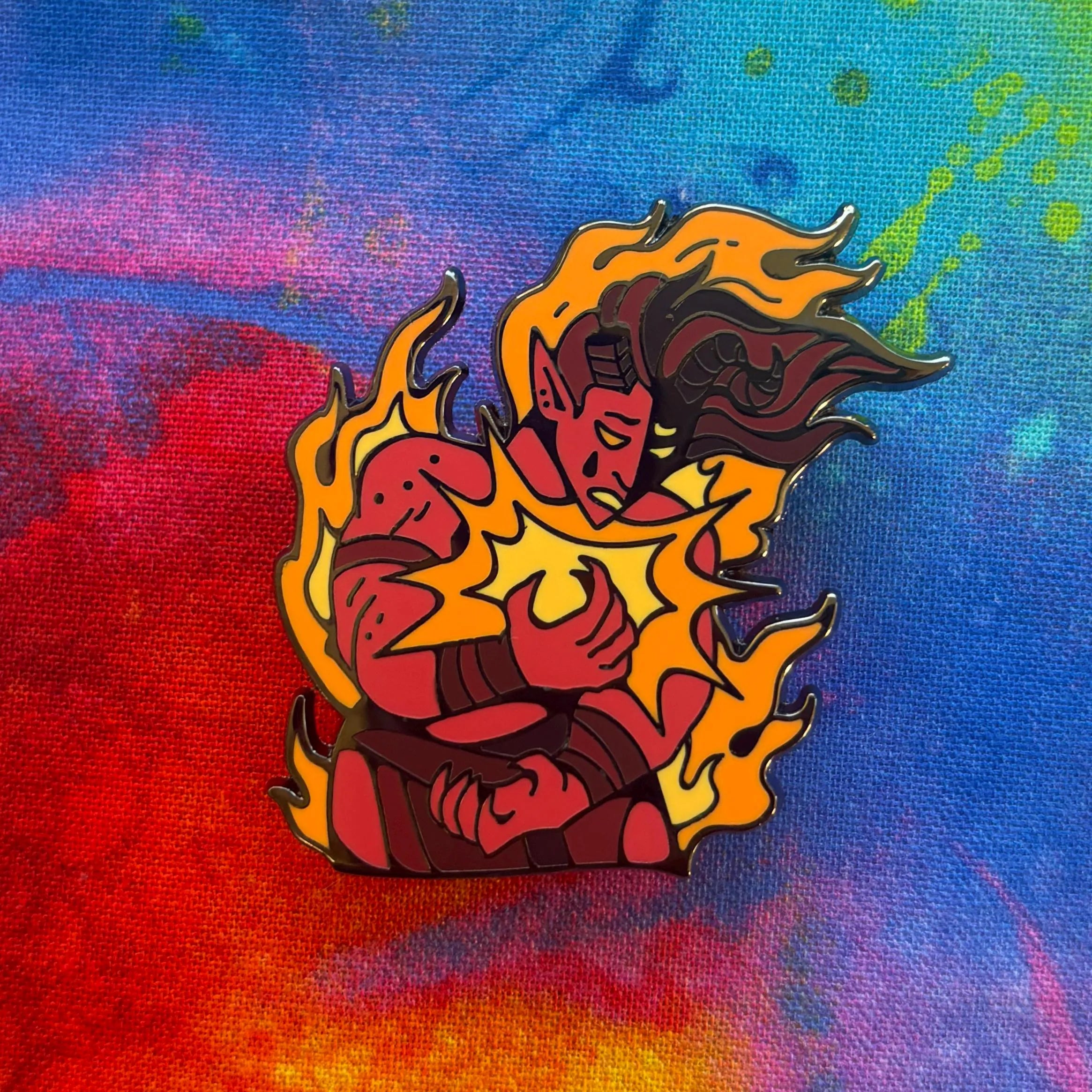 The Karlach Dual Destinies Pin: Death shows a red horned character with a glowing heart surrounded by rainbow flames.