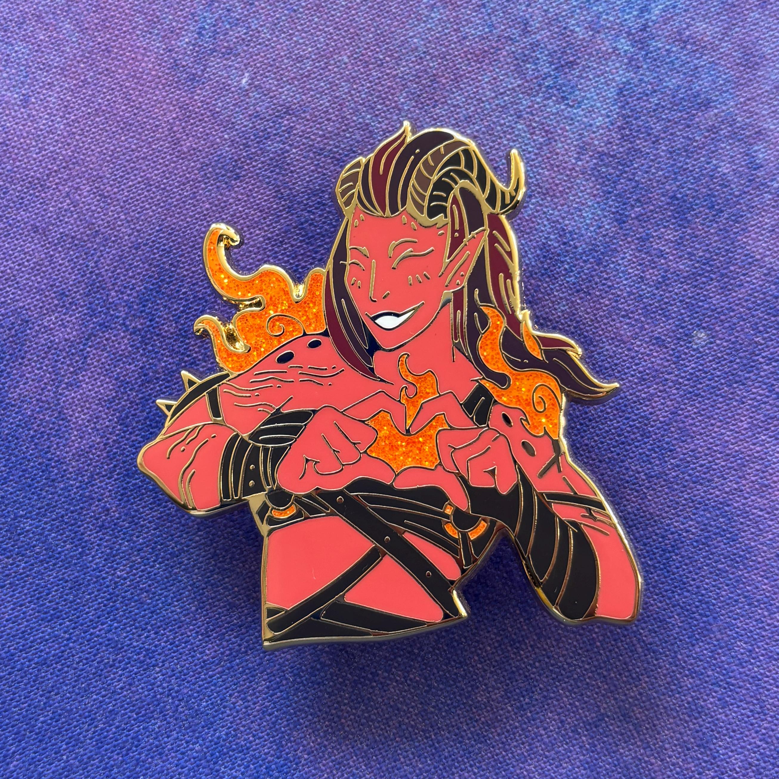 Karlach Pin featuring a red-skinned, horned character conjuring orange flames.