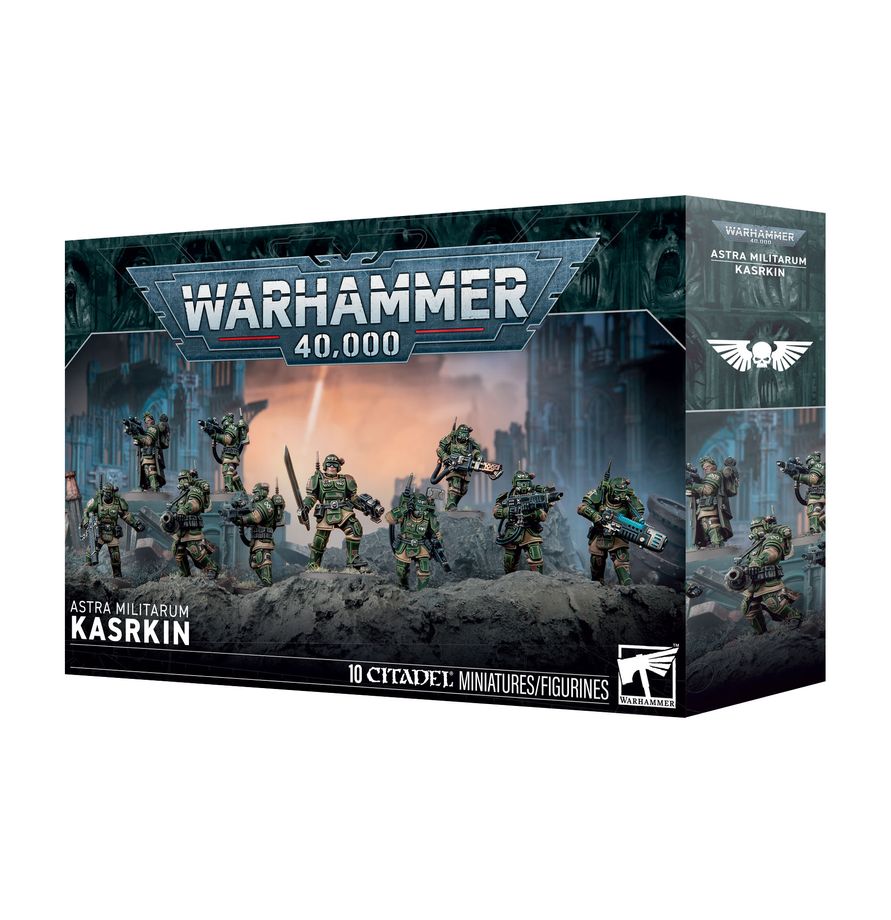 Warhammer 40,000 Astra Militarum Kasrkin box set with 10 miniatures in battle poses.