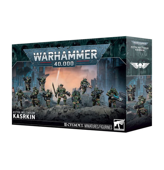 Warhammer 40,000 Astra Militarum Kasrkin box set with 10 miniatures in battle poses.