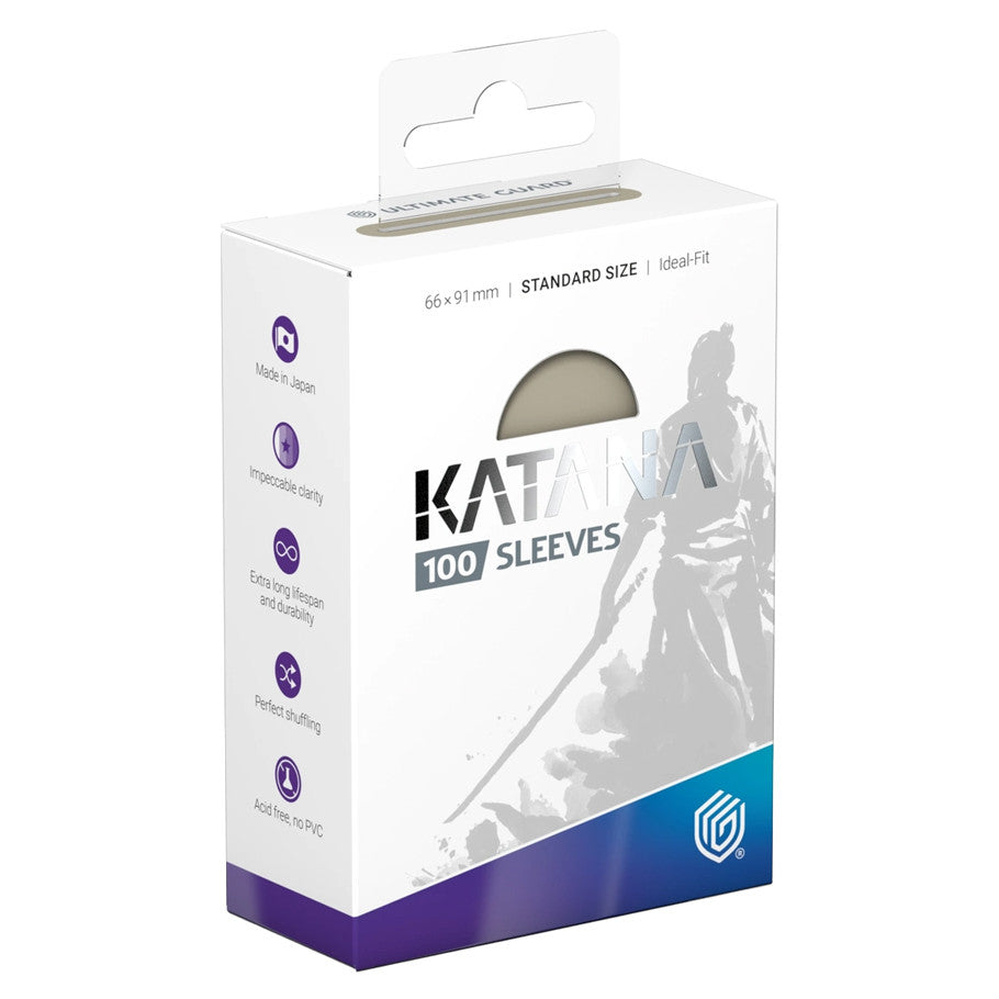 Katana Sleeve 100ct by Ultimate Guard, white box with samurai art and Premium Card Protection on left side.