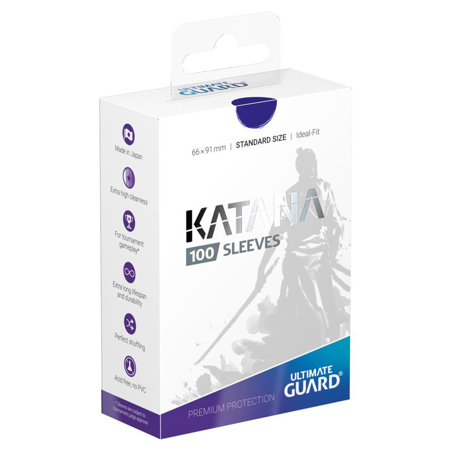 Katana Sleeve 100ct box with samurai silhouette and blue Ultimate Guard Premium Card Protection branding.