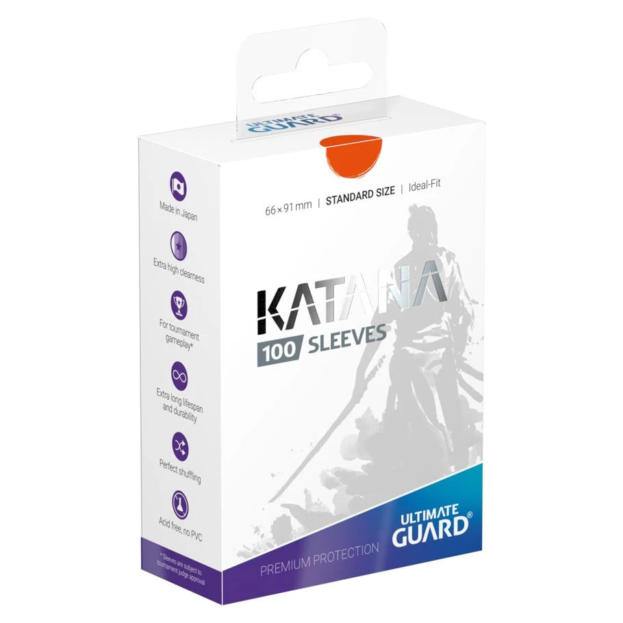 Katana Sleeve 100ct, white card sleeves with samurai silhouette and purple accents.