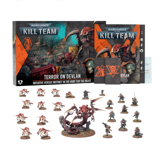 Kill Team: Terror on Devlan box set with miniatures, cards, rulebook, and Red Terror Expansion included.