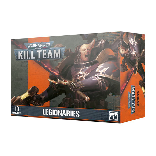 Kill Team Legionaries box showing armored warrior with sword; orange and gray packaging design.