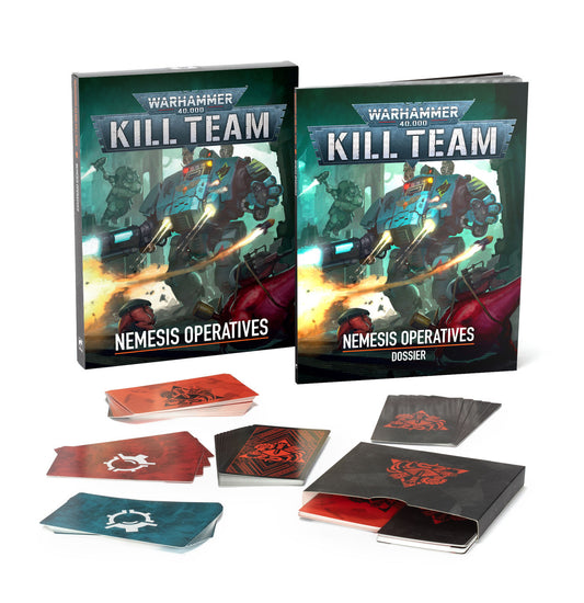Kill Team Nemesis Operatives books, cards, and tokens displayed on a white surface.