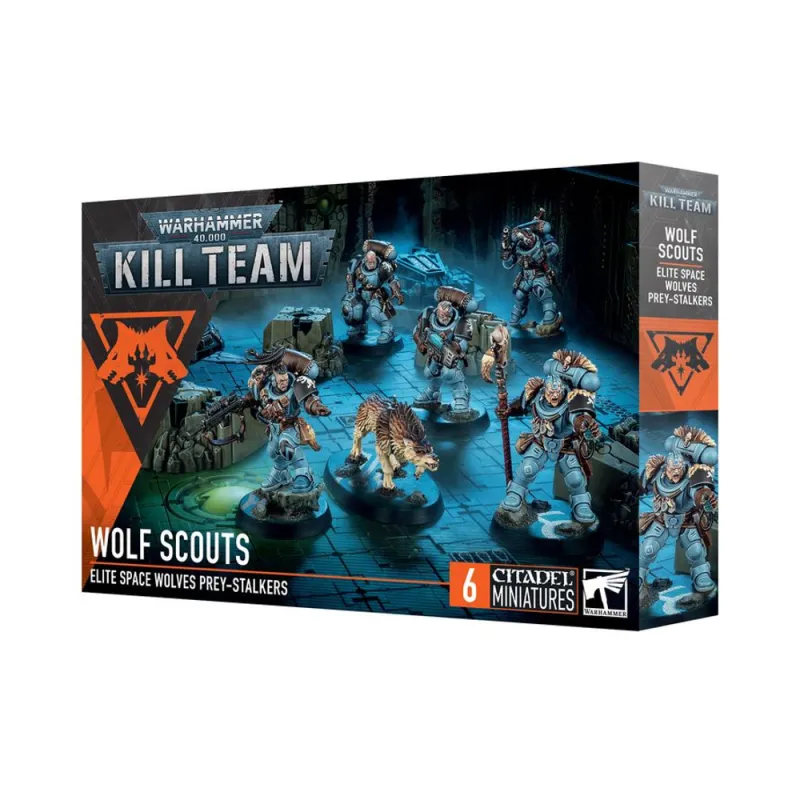 Warhammer 40K: Kill Team - Wolf Scouts box with Space Wolves miniatures and a wolf illustrated on the cover.