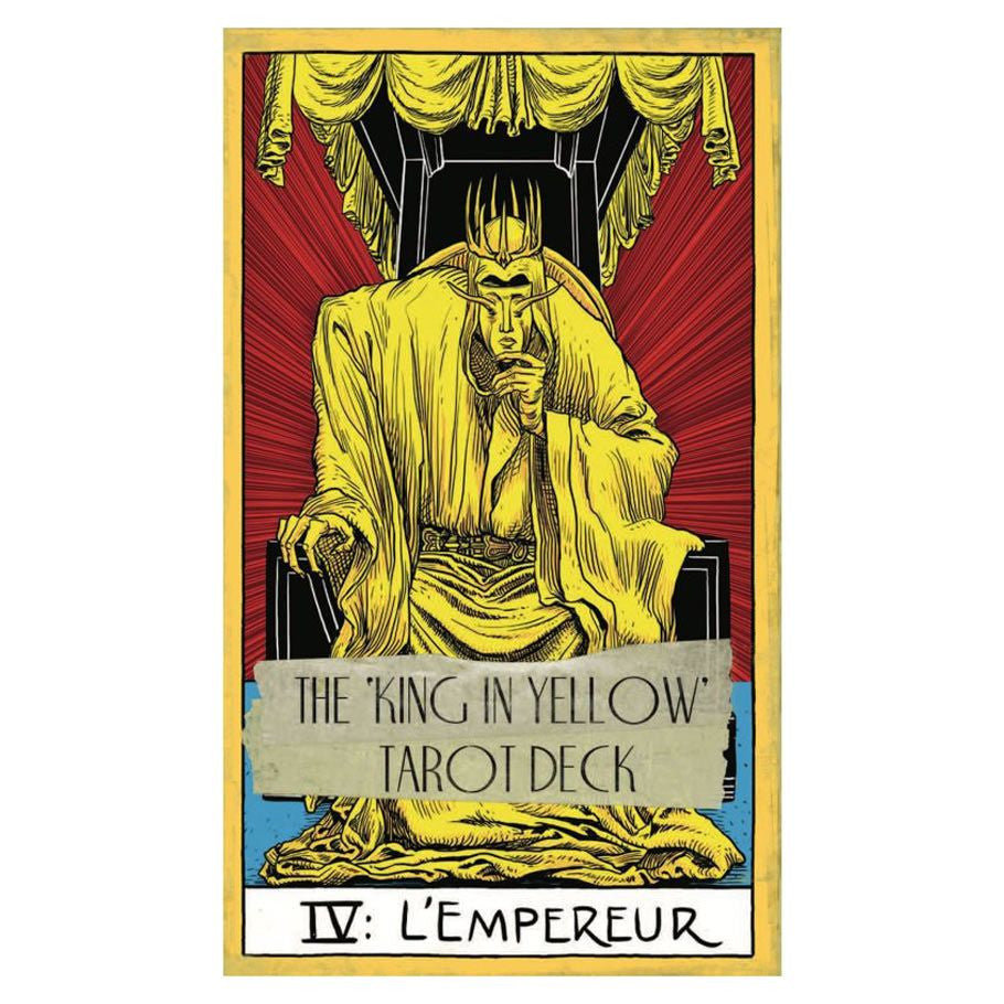 The King in Yellow Tarot Deck featuring a yellow-robed king seated on a throne.
