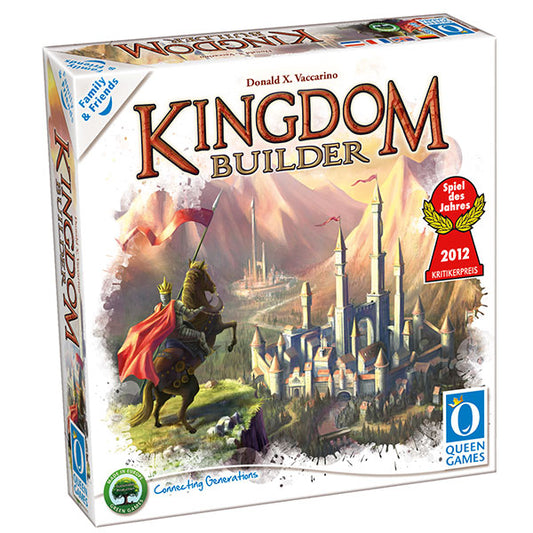 Kingdom Builder: Family & Friends box cover with a knight on horseback and a castle in the background.