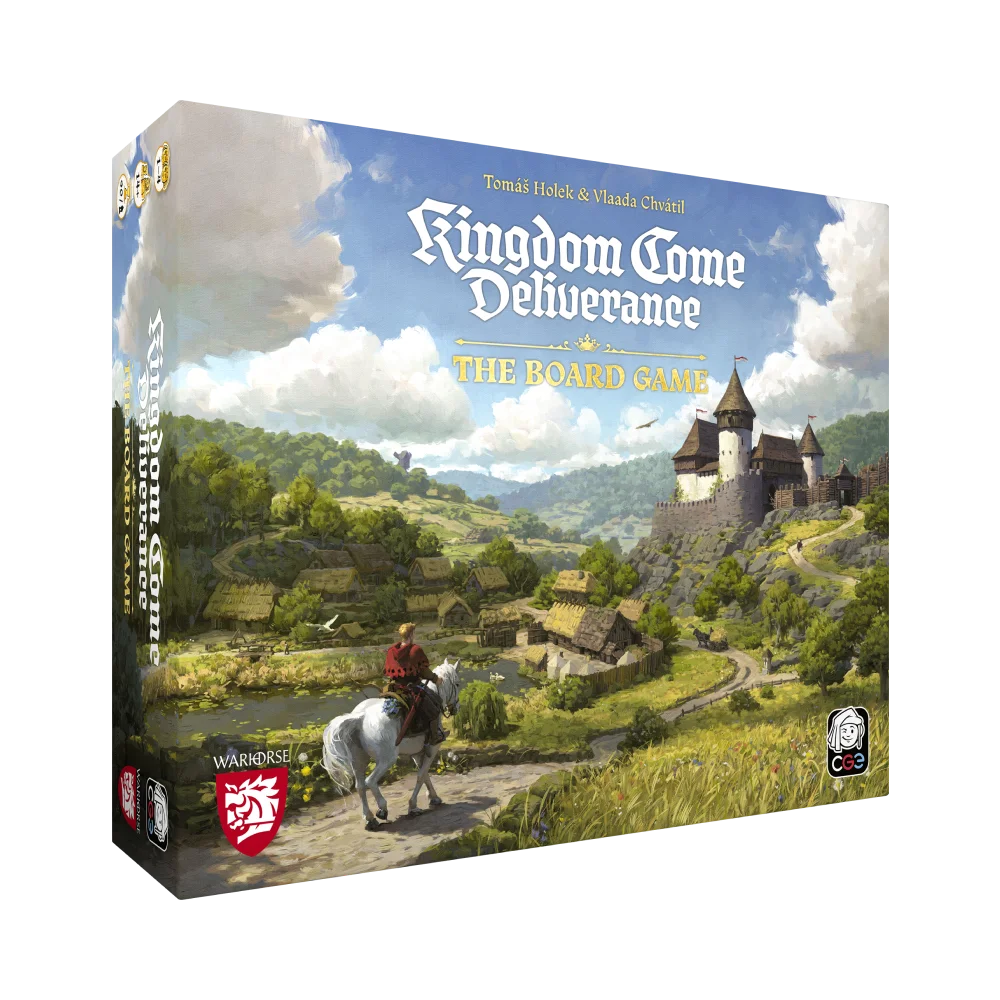 Kingdom Come: Deliverance – The Board Game box art, featuring a rider on a white horse facing a medieval castle.