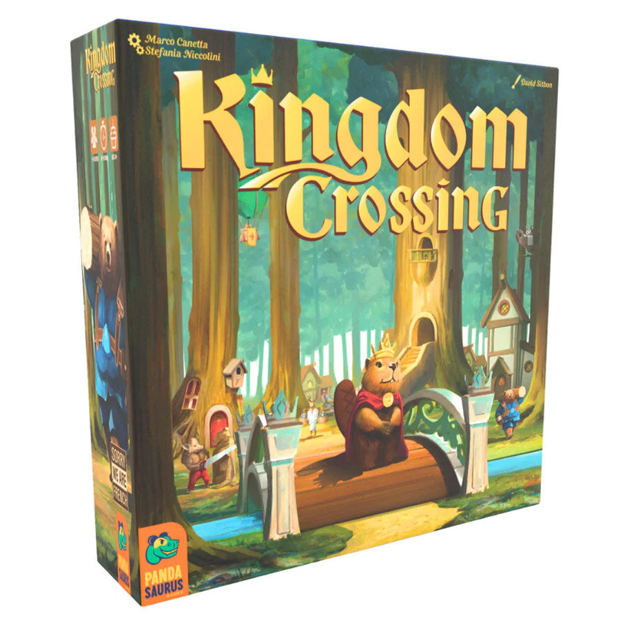 Kingdom Crossing game box with yellow title, illustrated with forest animals, houses, and bridges.