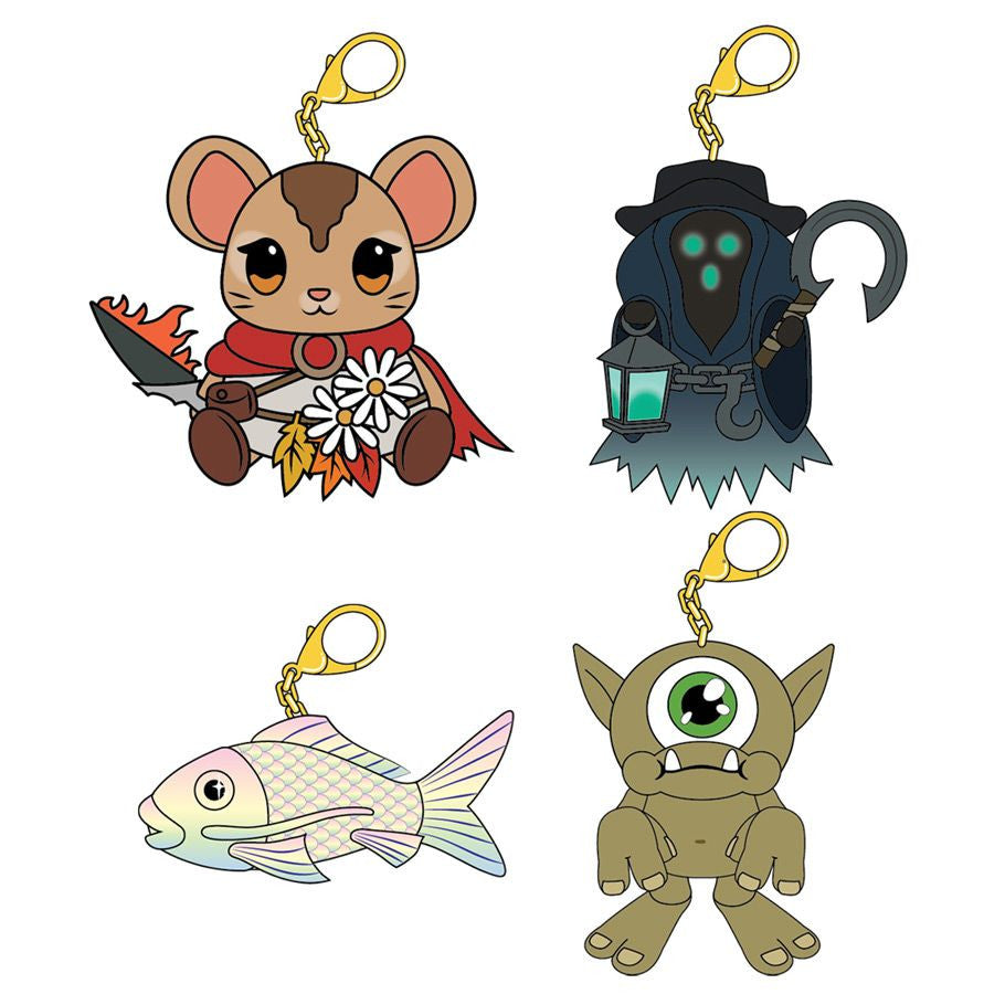 Set of four Magic The Gathering 3-inch plush charms: sword mouse, hooded figure, fish, and green cyclops monster.