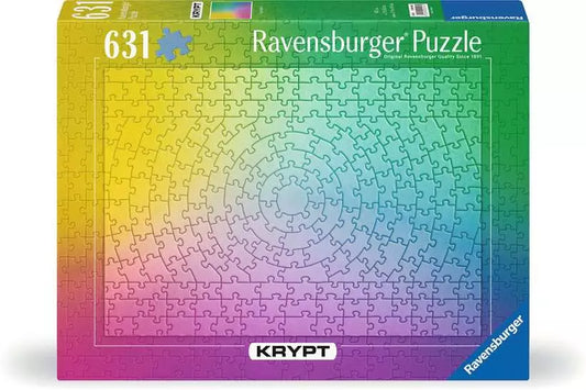 The Krypt Gradient 631-piece puzzle with a rainbow gradient and abstract interlocking shapes.