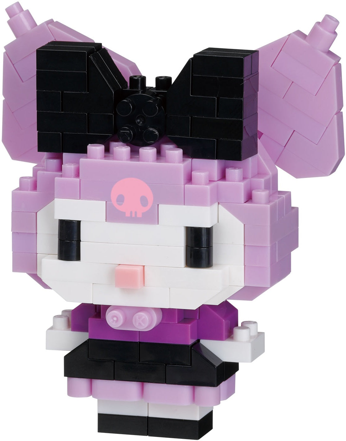 Sanrio Nanoblock Kuromi Dress Up kit, pixel-style purple and black with large bow and pink skull on forehead.