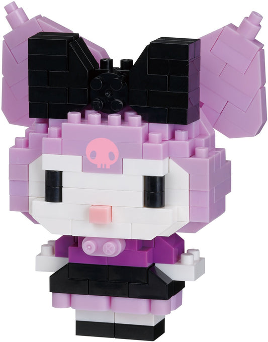 Sanrio Nanoblock Kuromi Dress Up kit, pixel-style purple and black with large bow and pink skull on forehead.
