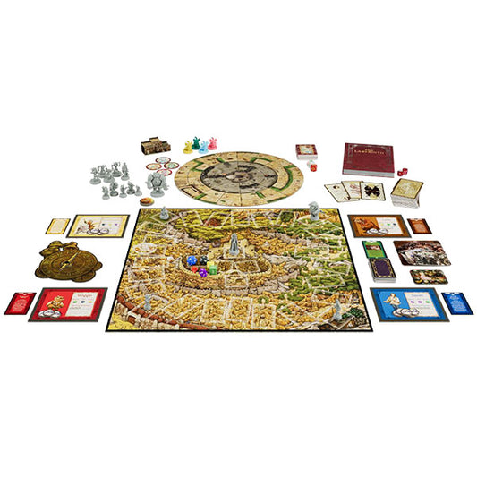 Labyrinth 40th Anniversary Edition board game components arranged on a white background.