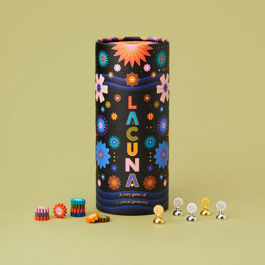 Lacuna 2-player game with cylindrical box, flowers, tokens, and six mystical geometry pieces.