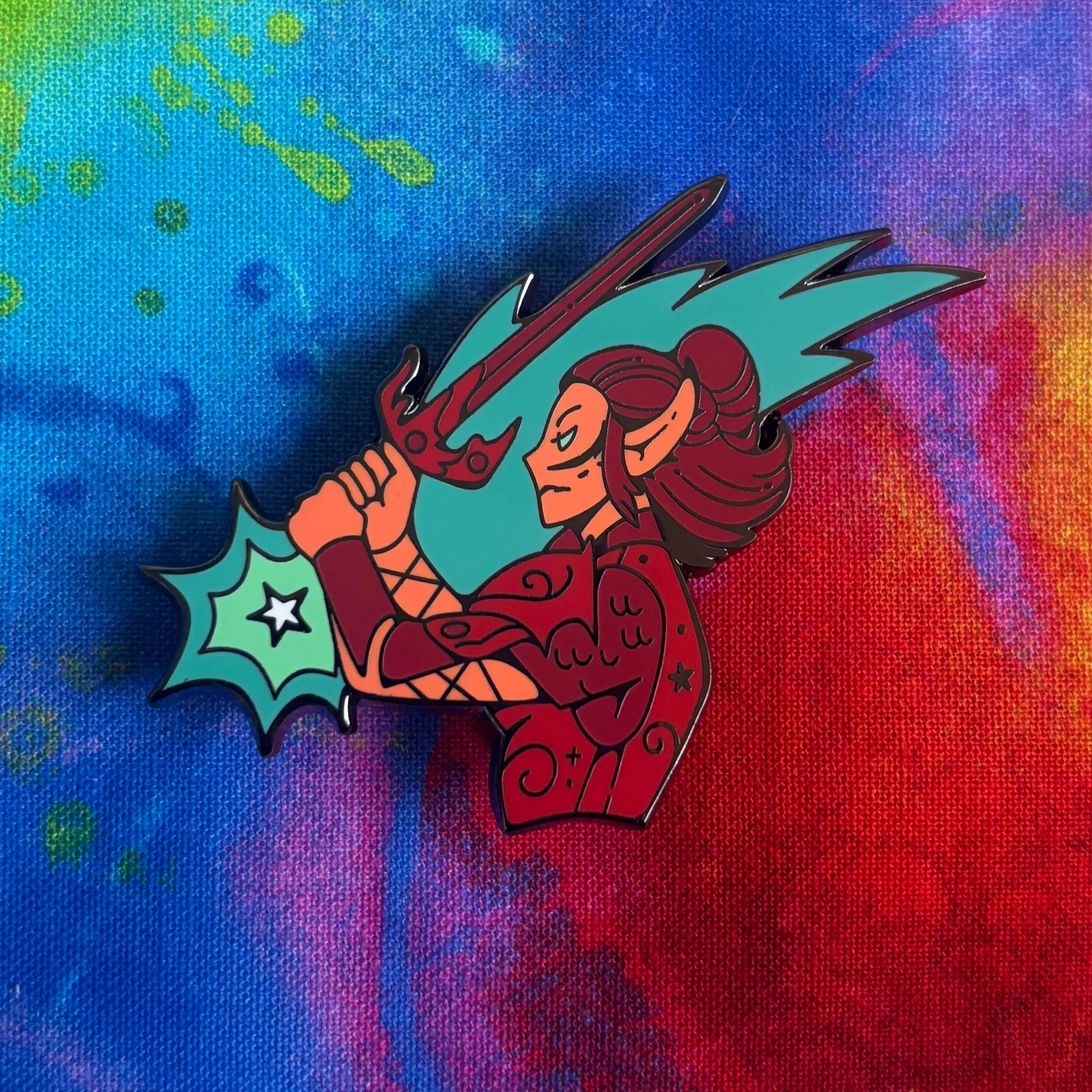 Laezel Dual Destinies Pin: Rebellion—enamel pin showing a fantasy warrior with a glowing sword.